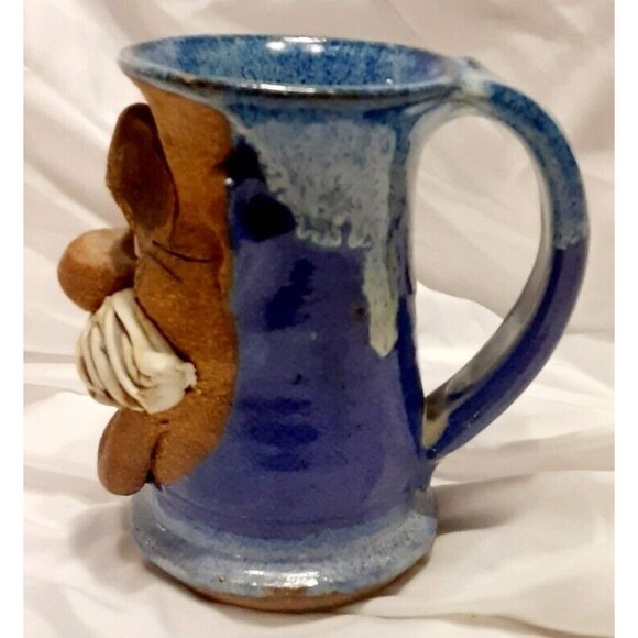 Vintage Ugly Funny Face Decorative Blue Pottery Mug 5”Tall Signed Handmade - Picture 3 of 6